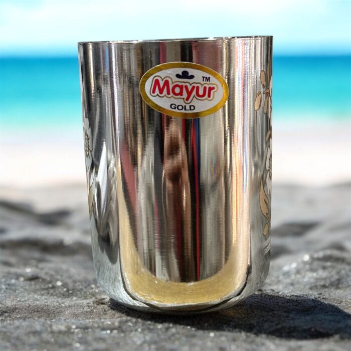 Mayur Gold Signature Glass Set of 3, 500 ml capacity, 8-inch stainless steel glasses for health-conscious families.