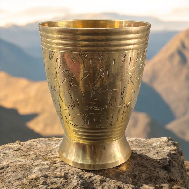 A premium Mayur Regal Sip Brass Tumbler Set (300 ml, Set of Two) with an intricate floral design, crafted for weddings, festive occasions, and luxury gifting.