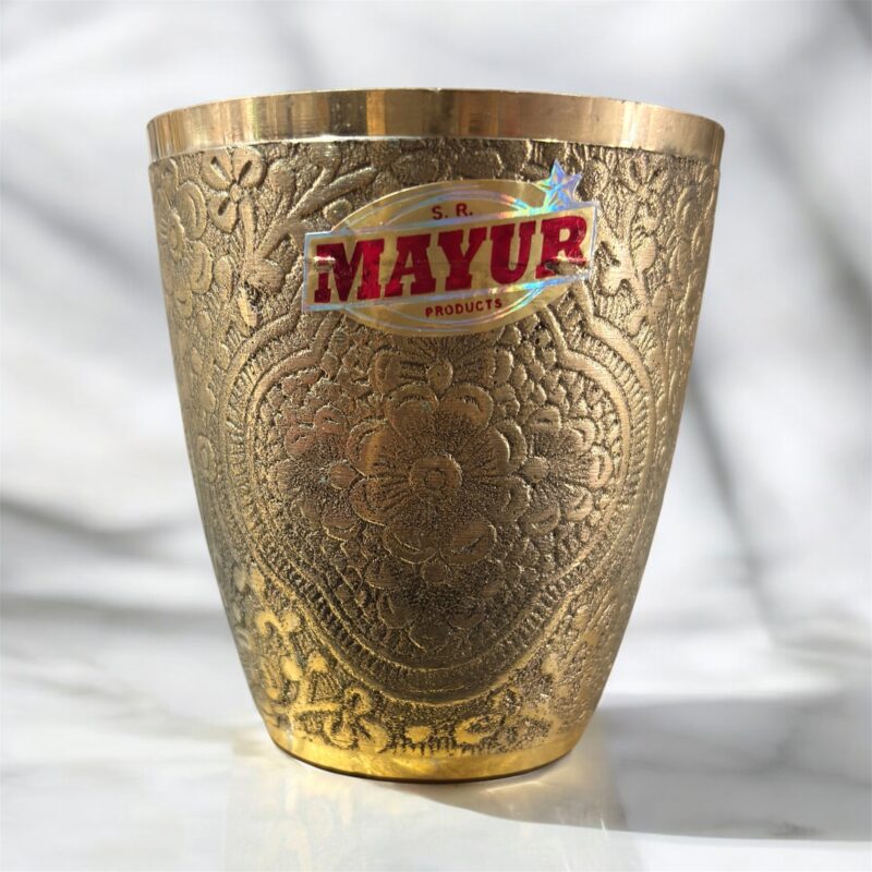 A premium Royal Elegance Brass Tumbler Set (400 ml) with a polished golden finish, handcrafted for luxury gifting and fine dining.