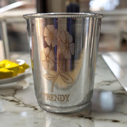 Set of 6 eco-friendly stainless steel glasses with a trendy laser finish, perfect for sustainable and stylish drinkware.