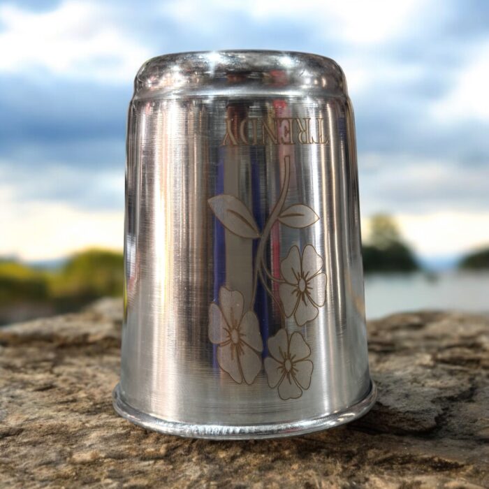 Set of 6 eco-friendly stainless steel glasses with a trendy laser finish, perfect for sustainable and stylish drinkware.
