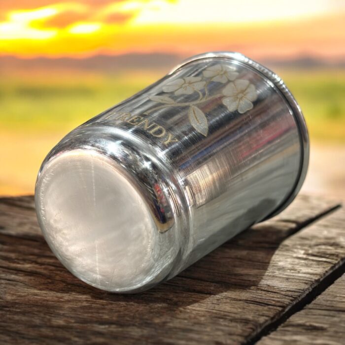 Set of 6 eco-friendly stainless steel glasses with a trendy laser finish, perfect for sustainable and stylish drinkware.