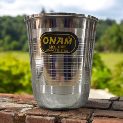 Onam Jucy Glassi Deep Line – Set of 6 eco-friendly stainless steel glasses, available in 180ml and 240ml sizes. Rust-resistant, durable, and perfect for sustainable living.