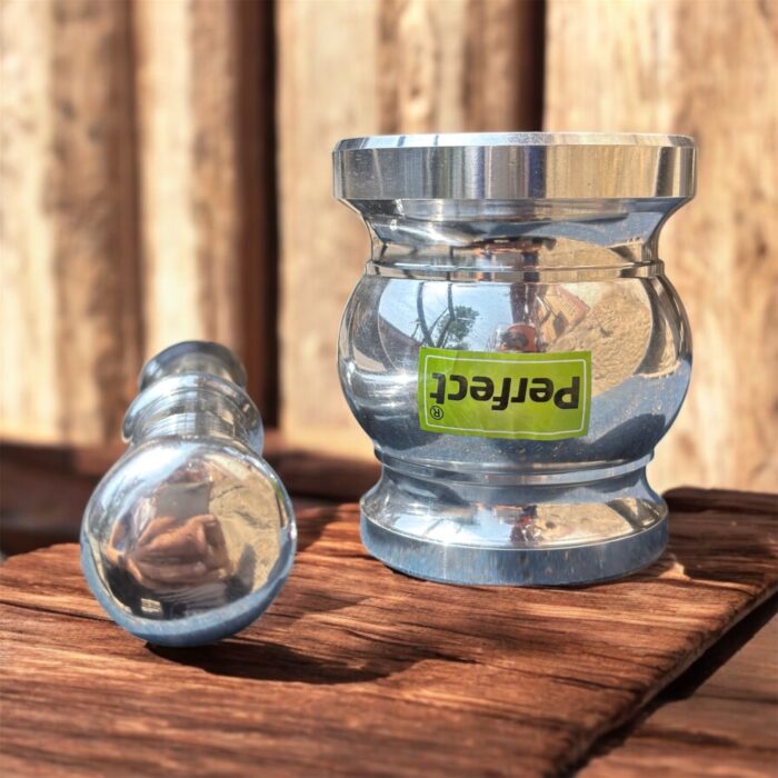 Aluminium Khal Batta (Mortar and Pestle) set, available in three different sizes for kitchen use.