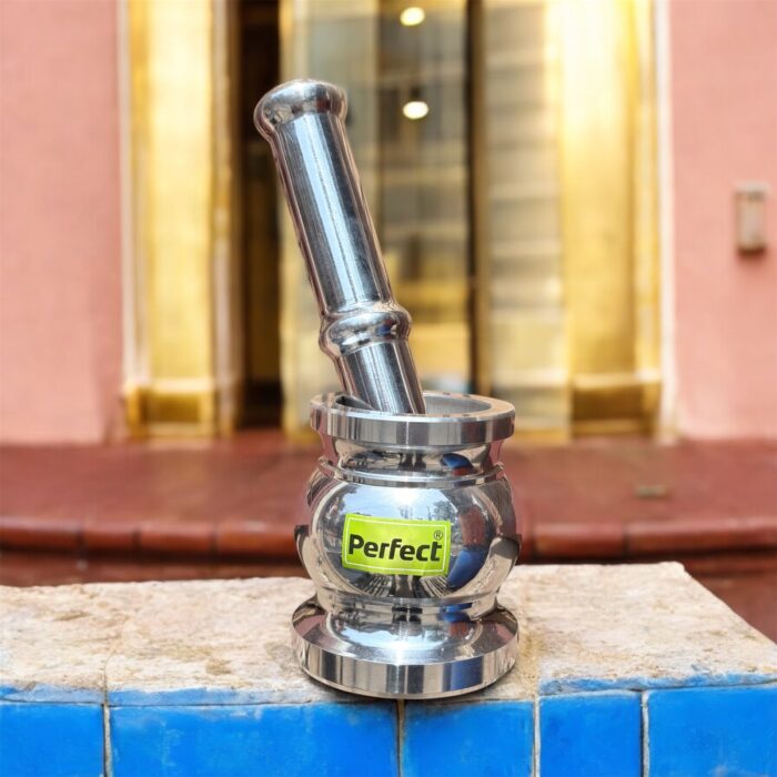 Aluminium Khal Batta (Mortar and Pestle) set, available in three different sizes for kitchen use.