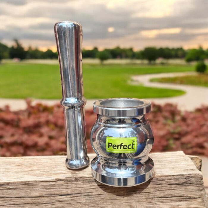 Aluminium Khal Batta (Mortar and Pestle) set, available in three different sizes for kitchen use.