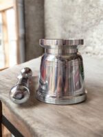 Stainless Steel Perfect Khal Batta World Cup Mortar and Pestle set, available in three sizes for grinding spices and herbs.