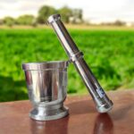 Stainless Steel Perfect Khal Batta World Cup Mortar and Pestle set, available in three sizes for grinding spices and herbs.