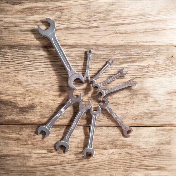 Three heavy-duty IronGrip open-end spanners arranged on a wooden surface, showcasing dual-size heads and drop-forged steel finish