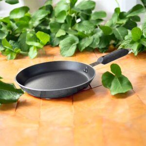 Non-stick 25 cm black tapered fry pan with a long handle, placed on a warm terracotta tile surface surrounded by lush green indoor plants.