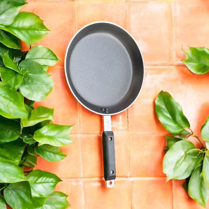 Non-stick 25 cm black tapered fry pan with a long handle, placed on a warm terracotta tile surface surrounded by lush green indoor plants.