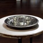Om Shubh Pooja Thali Set with traditional accessories including diya, agarbatti holder, and kumkum container – perfect for daily rituals and festive worship.