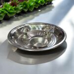 6-inch silver finish minimalist pooja thali set with diya, kumkum holder, and incense stand – ideal for compact and elegant spiritual setups.