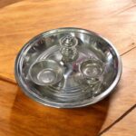 6-inch silver finish minimalist pooja thali set with diya, kumkum holder, and incense stand – ideal for compact and elegant spiritual setups.