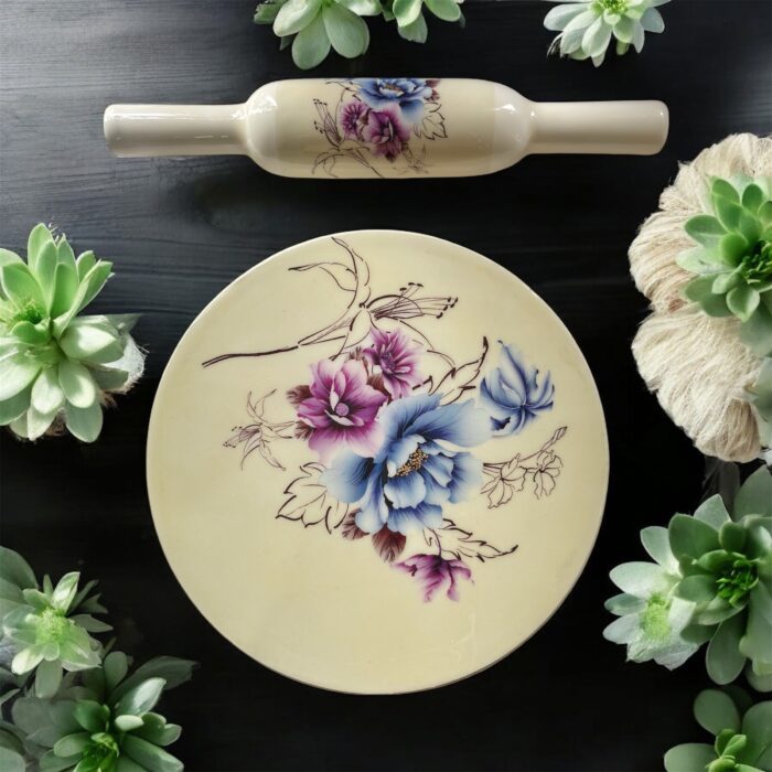 Luxury Bloom Italian Marble Chakla Belan Set – 10-inch Italian marble roti board with floral artwork and 12-inch wooden rolling pin, premium kitchenware and gifting set.