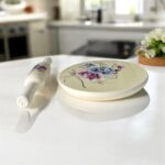 Luxury Bloom Italian Marble Chakla Belan Set – 10-inch Italian marble roti board with floral artwork and 12-inch wooden rolling pin, premium kitchenware and gifting set.