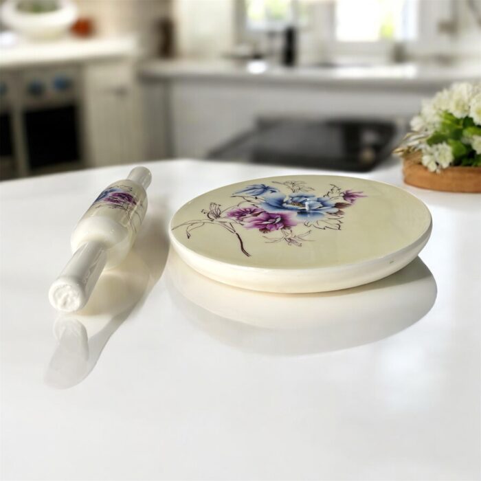 Luxury Bloom Italian Marble Chakla Belan Set – 10-inch Italian marble roti board with floral artwork and 12-inch wooden rolling pin, premium kitchenware and gifting set.