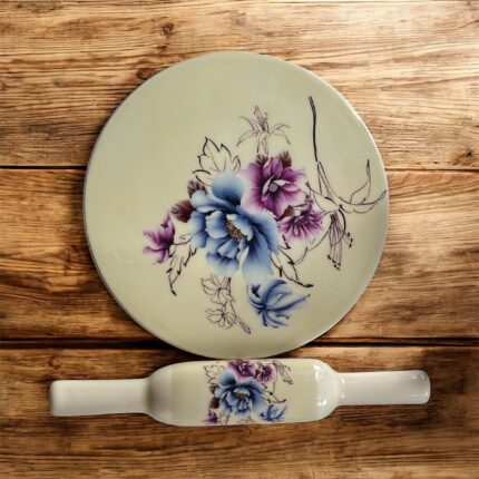 Luxury Bloom Italian Marble Chakla Belan Set – 10-inch Italian marble roti board with floral artwork and 12-inch wooden rolling pin, premium kitchenware and gifting set.