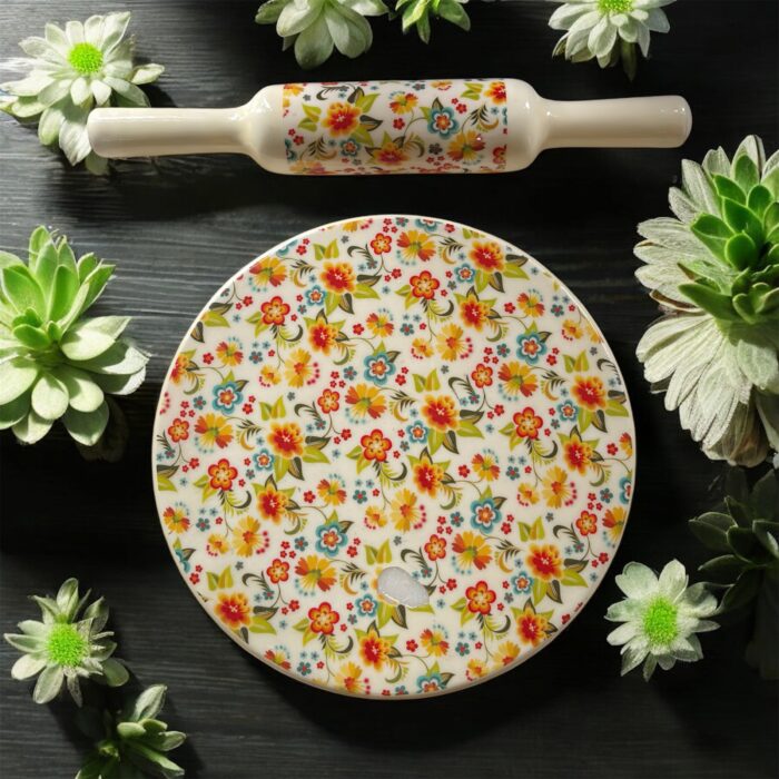 BloomCraft Italian Marble Chakla Belan Set – 10-inch floral marble roti board with 12-inch wooden rolling pin, hygienic, premium, and perfect for gifting.