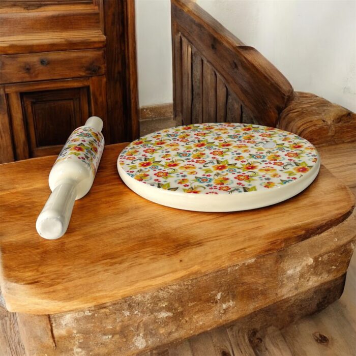 BloomCraft Italian Marble Chakla Belan Set – 10-inch floral marble roti board with 12-inch wooden rolling pin, hygienic, premium, and perfect for gifting.