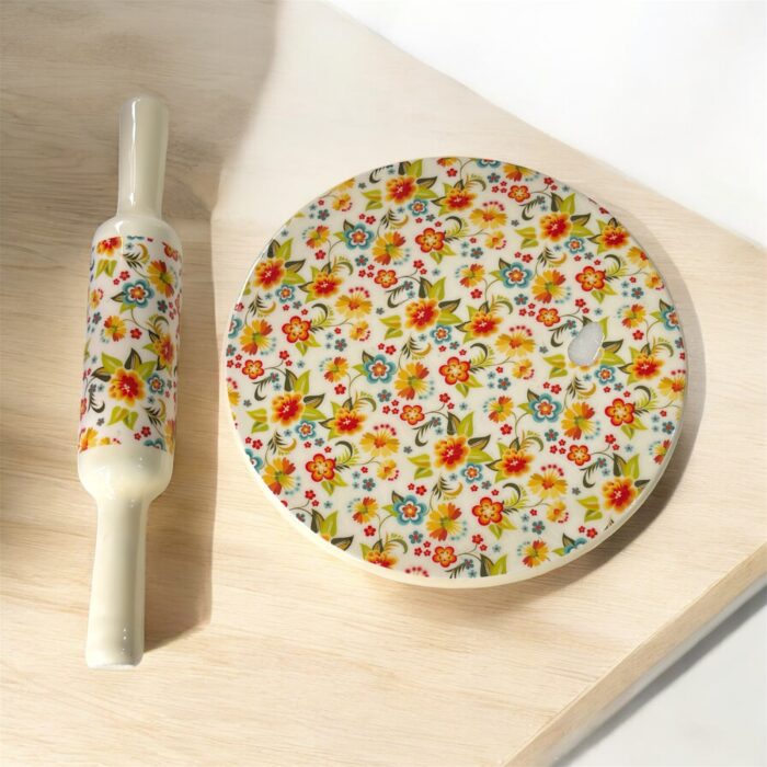 BloomCraft Italian Marble Chakla Belan Set – 10-inch floral marble roti board with 12-inch wooden rolling pin, hygienic, premium, and perfect for gifting.