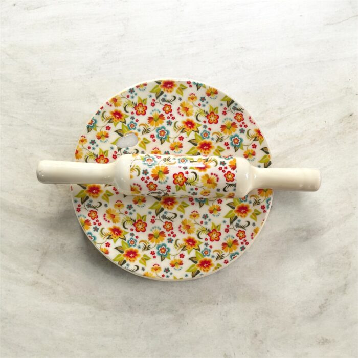 BloomCraft Italian Marble Chakla Belan Set – 10-inch floral marble roti board with 12-inch wooden rolling pin, hygienic, premium, and perfect for gifting.