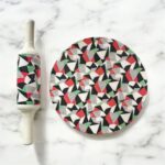 Ruliarams GeoFusion Ceramic Chakla Belan Set with 10-inch ceramic board and 12-inch wooden belan – geometric design in red, green, black & white