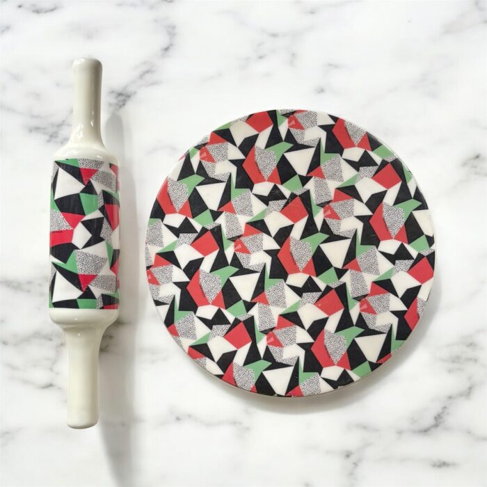 Ruliarams GeoFusion Ceramic Chakla Belan Set with 10-inch ceramic board and 12-inch wooden belan – geometric design in red, green, black & white