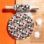 Ruliarams GeoFusion Ceramic Chakla Belan Set with 10-inch ceramic board and 12-inch wooden belan – geometric design in red, green, black & white