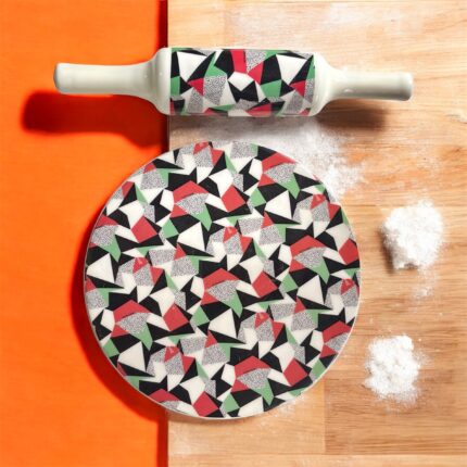 Ruliarams GeoFusion Ceramic Chakla Belan Set with 10-inch ceramic board and 12-inch wooden belan – geometric design in red, green, black & white