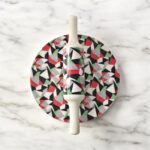 Ruliarams GeoFusion Ceramic Chakla Belan Set with 10-inch ceramic board and 12-inch wooden belan – geometric design in red, green, black & white