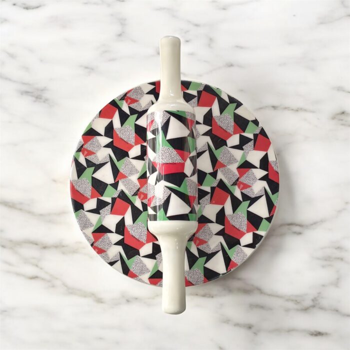 Ruliarams GeoFusion Ceramic Chakla Belan Set with 10-inch ceramic board and 12-inch wooden belan – geometric design in red, green, black & white