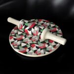 Ruliarams GeoFusion Ceramic Chakla Belan Set with 10-inch ceramic board and 12-inch wooden belan – geometric design in red, green, black & white