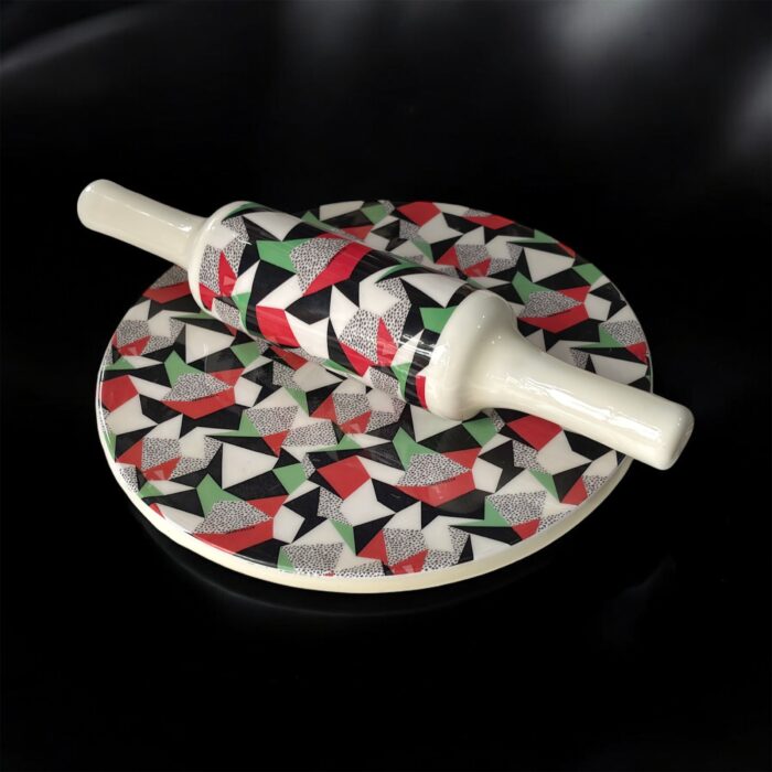 Ruliarams GeoFusion Ceramic Chakla Belan Set with 10-inch ceramic board and 12-inch wooden belan – geometric design in red, green, black & white