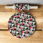 Ruliarams GeoFusion Ceramic Chakla Belan Set with 10-inch ceramic board and 12-inch wooden belan – geometric design in red, green, black & white