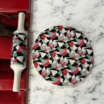 Ruliarams GeoFusion Ceramic Chakla Belan Set with 10-inch ceramic board and 12-inch wooden belan – geometric design in red, green, black & white