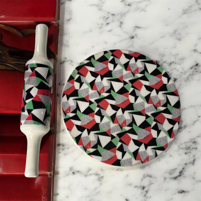 Ruliarams GeoFusion Ceramic Chakla Belan Set with 10-inch ceramic board and 12-inch wooden belan – geometric design in red, green, black & white