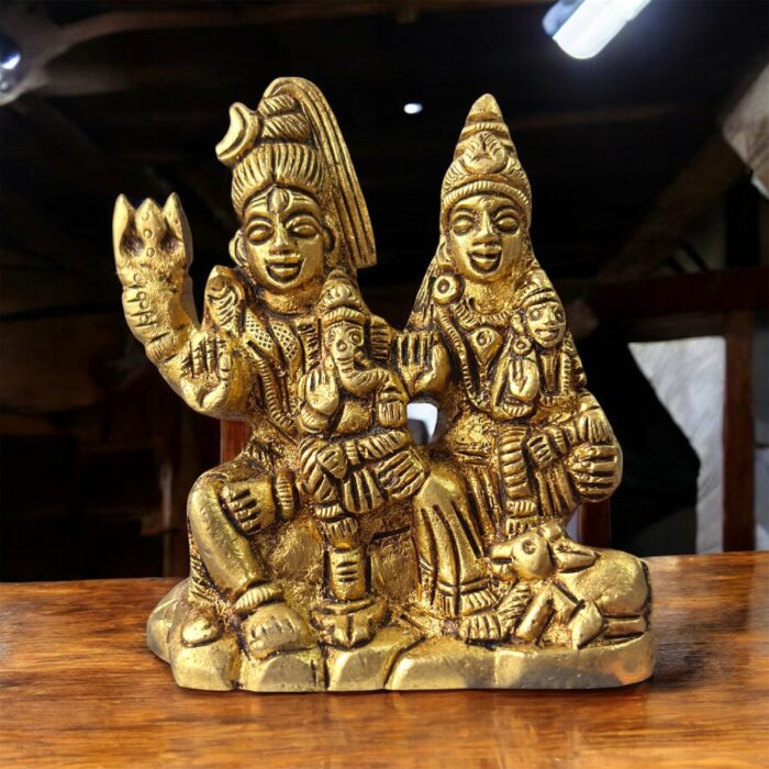 Divine brass Shiva Parivar idol featuring Lord Shiva, Parvati, and Ganesha