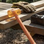 Orange rubber mallet hammer placed on wooden planks beside work gloves and tools, ideal for woodworking, carpentry, and furniture assembly – RRS ShockGuard™ 50mm/60mm.