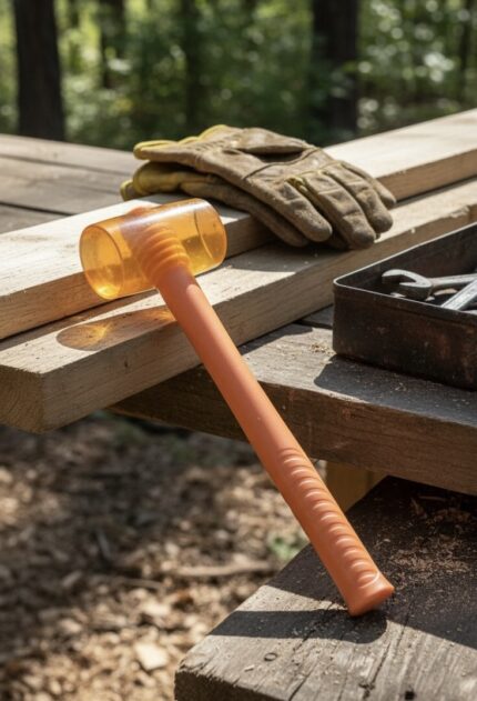 Orange rubber mallet hammer placed on wooden planks beside work gloves and tools, ideal for woodworking, carpentry, and furniture assembly – RRS ShockGuard™ 50mm/60mm.