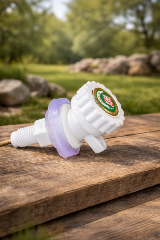 A white plastic water dispenser tap with a translucent purple seal, resting on a weathered wooden surface. The background is a soft-focus view of green grass, trees, and stones in natural daylight.