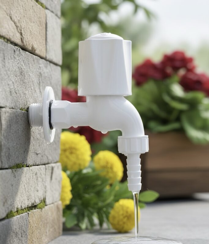 White PVC outdoor garden water tap with long neck and hose connector mounted on wall, ideal for garden watering, car washing and outdoor utility use.