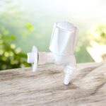 White PVC outdoor garden water tap with long neck and hose connector mounted on wall, ideal for garden watering, car washing and outdoor utility use.