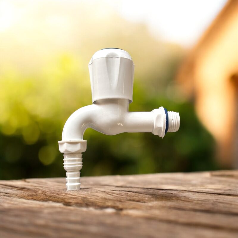 White long-neck PVC outdoor water tap with hose connection, ideal for garden watering, terrace use, car washing and outdoor utility areas – set of three.