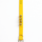 Yellow traditional ghungroo dog collar with four brass bells, designed for Indie and guard dogs, placed on a white background