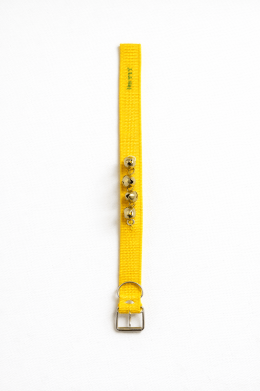Yellow traditional ghungroo dog collar with four brass bells, designed for Indie and guard dogs, placed on a white background