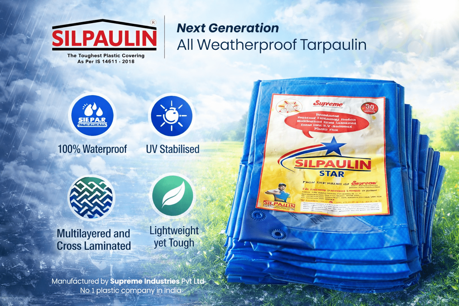 Blue Silpaulin Star waterproof tarpaulin sheets with reinforced eyelets and multilayered cross-laminated fabric, designed for all-weather outdoor protection.