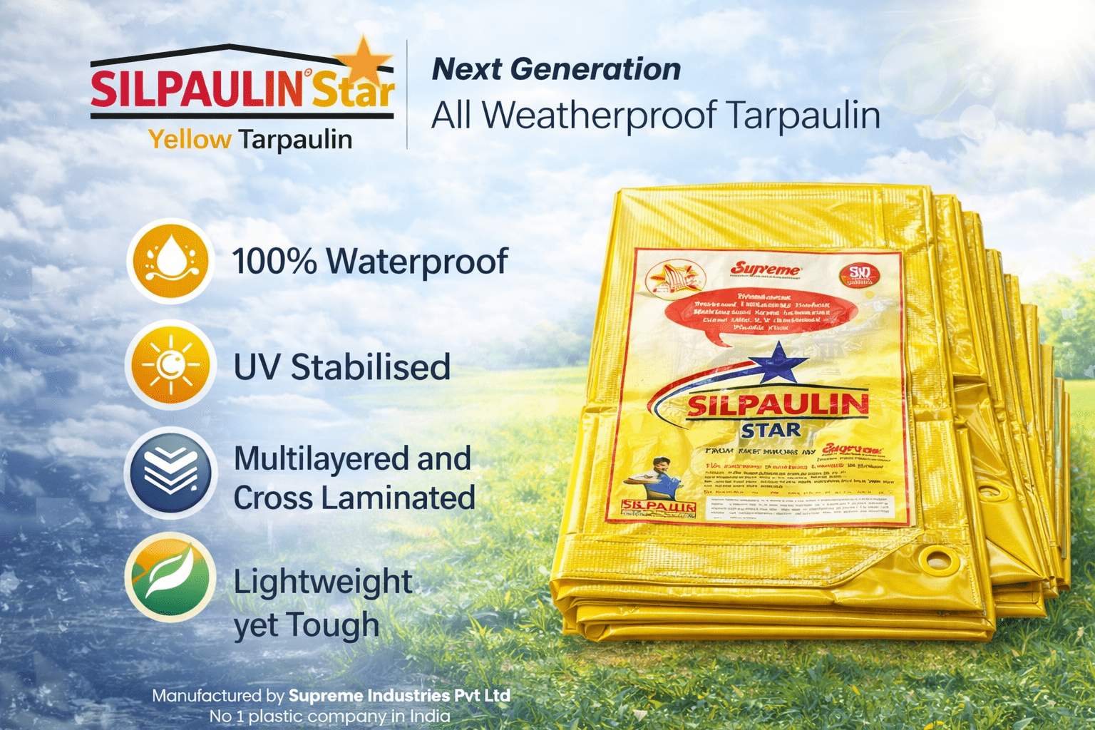 yellow Silpaulin Star waterproof tarpaulin sheets with reinforced eyelets and multilayered cross-laminated fabric, designed for all-weather outdoor protection.