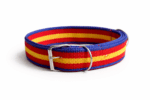 A heavy-duty nylon tricolor dog collar designed for strong medium-to-large dogs, featuring a metal buckle and D-ring for secure leash attachment.