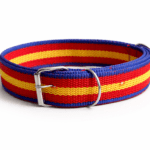 A heavy-duty nylon tricolor dog collar designed for strong medium-to-large dogs, featuring a metal buckle and D-ring for secure leash attachment.